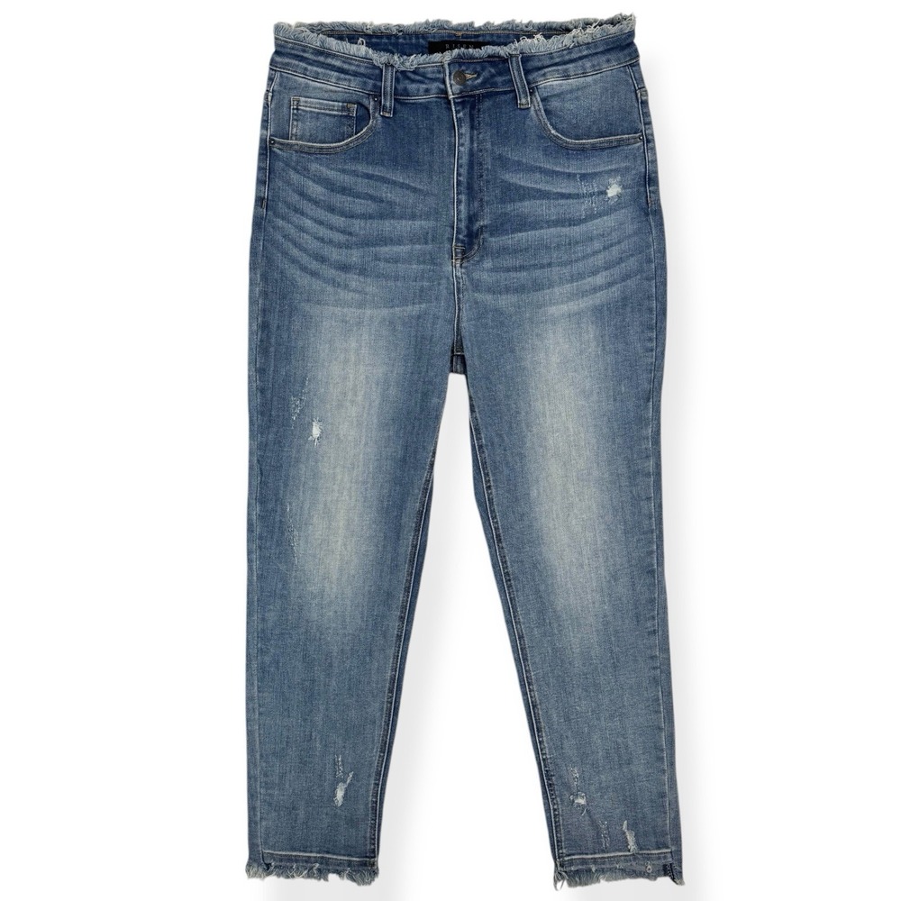 Risen Super High Waist Slim Jeans Size 1XL 34 Distressed Raw Edge Fringe Waist